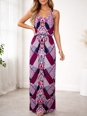 Renee C. Slinky Geometric Maxi Dress Racerback Purple Pink Navy Womens Size L